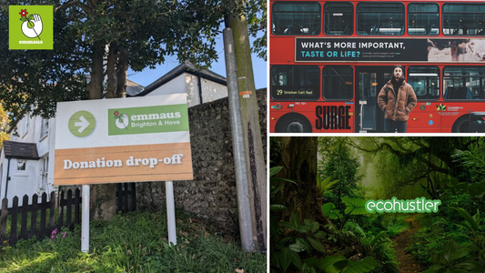 A collage of images to show Dr. Bronners UK AL--One Partners: Emmaus Brighton & Hove, SURGE Activism and Ecohustler