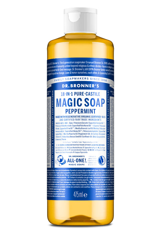 Dr. Bronner's Magic Soap Peppermint 475ml bottle on a white background