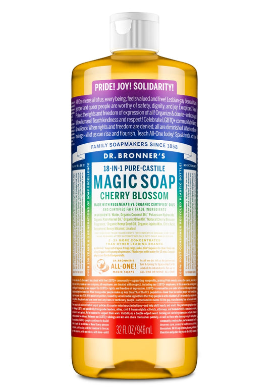 Bottle of Dr. Bronner's Limited-edition Cherry Blossom Pride Soap with rainbow label 