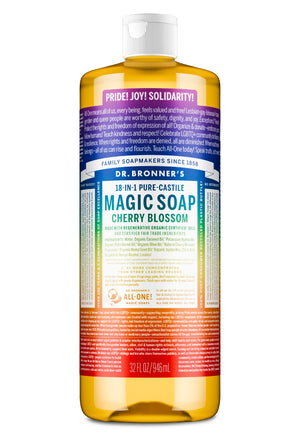 Bottle of Dr. Bronner's Limited-edition Cherry Blossom Pride Soap with rainbow label 